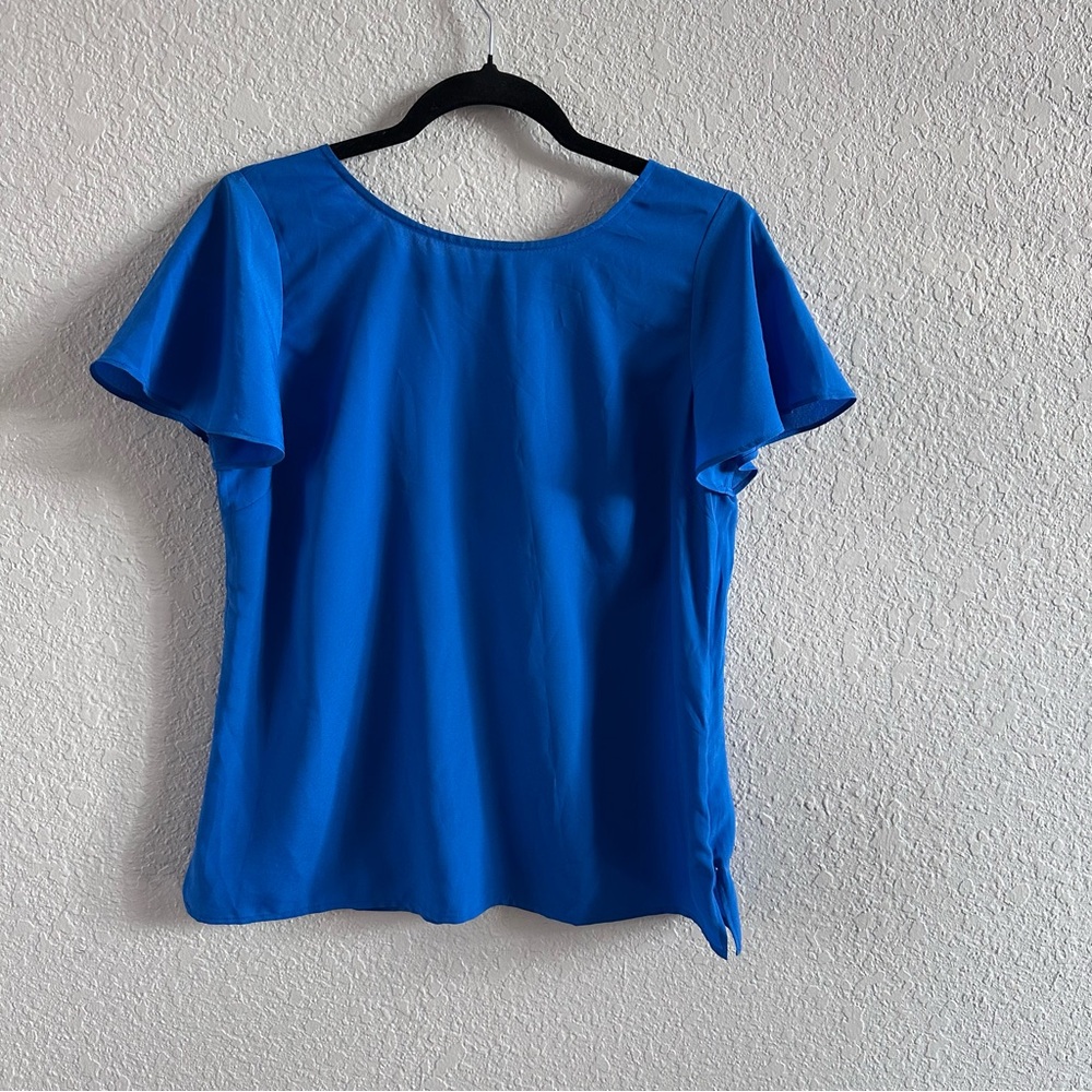 Talbots Petites Blue Flutter Sleeve V-Neck Blouse Crisscross Detail Size SP